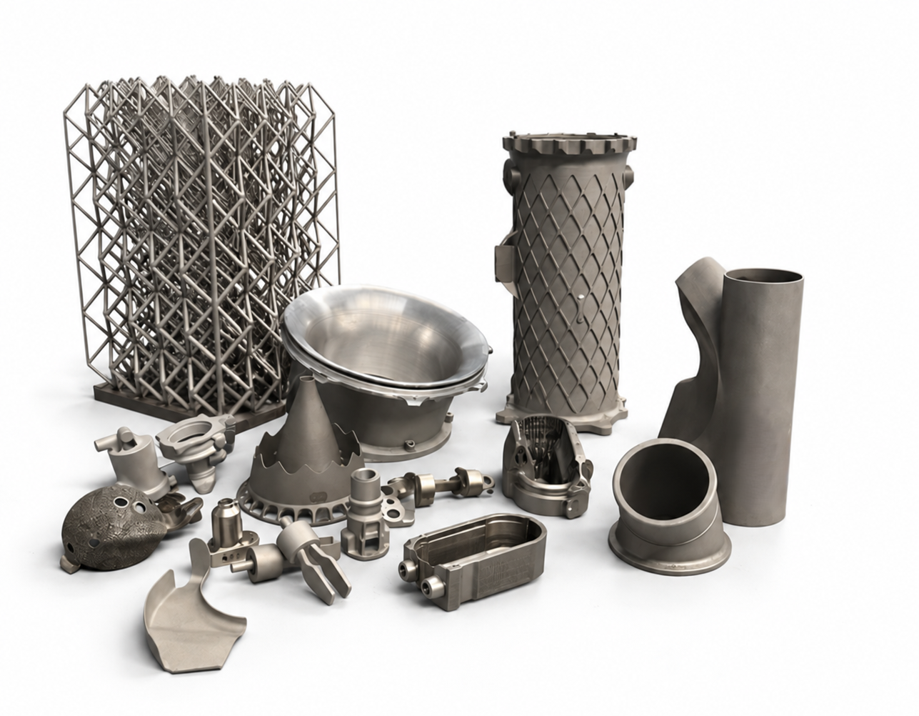 Selection of industrial 3D-printed metal components: lattice structures, combustion chambers, pipe elbows, hinge parts, and housing components