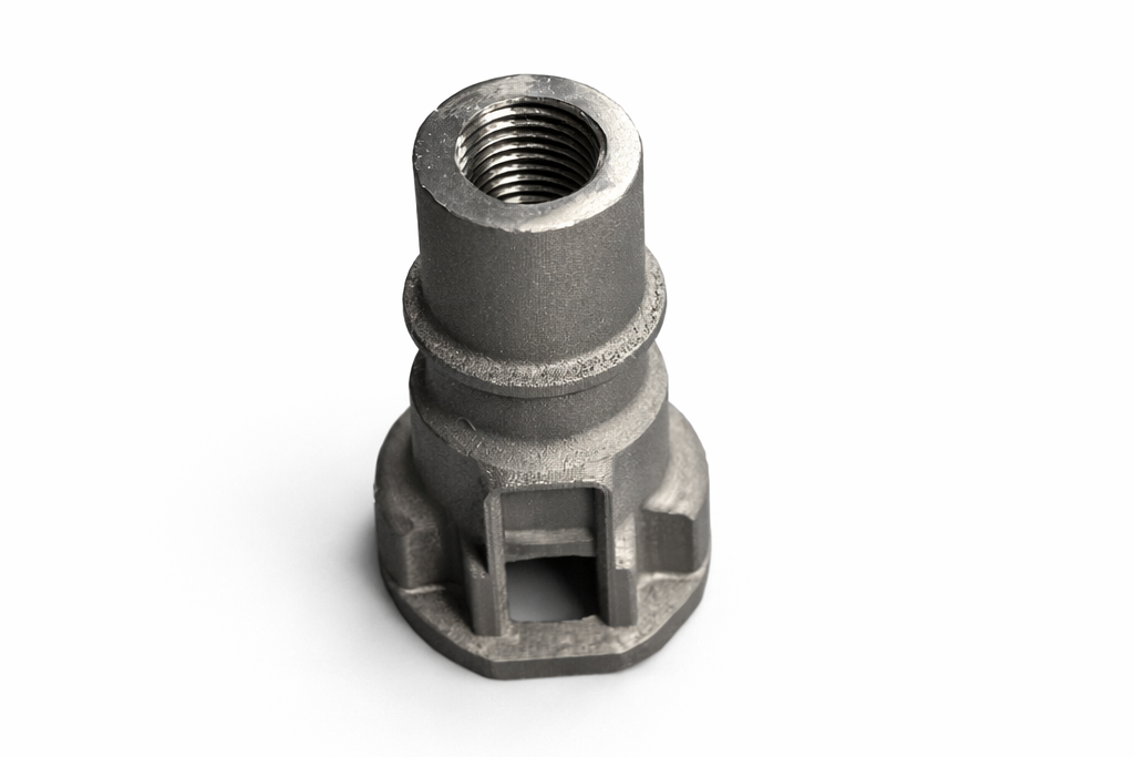 A bayonet adapter made of 1.4404 (316L) stainless steel using metal 3D printing, featuring an internal thread and a bayonet mount
