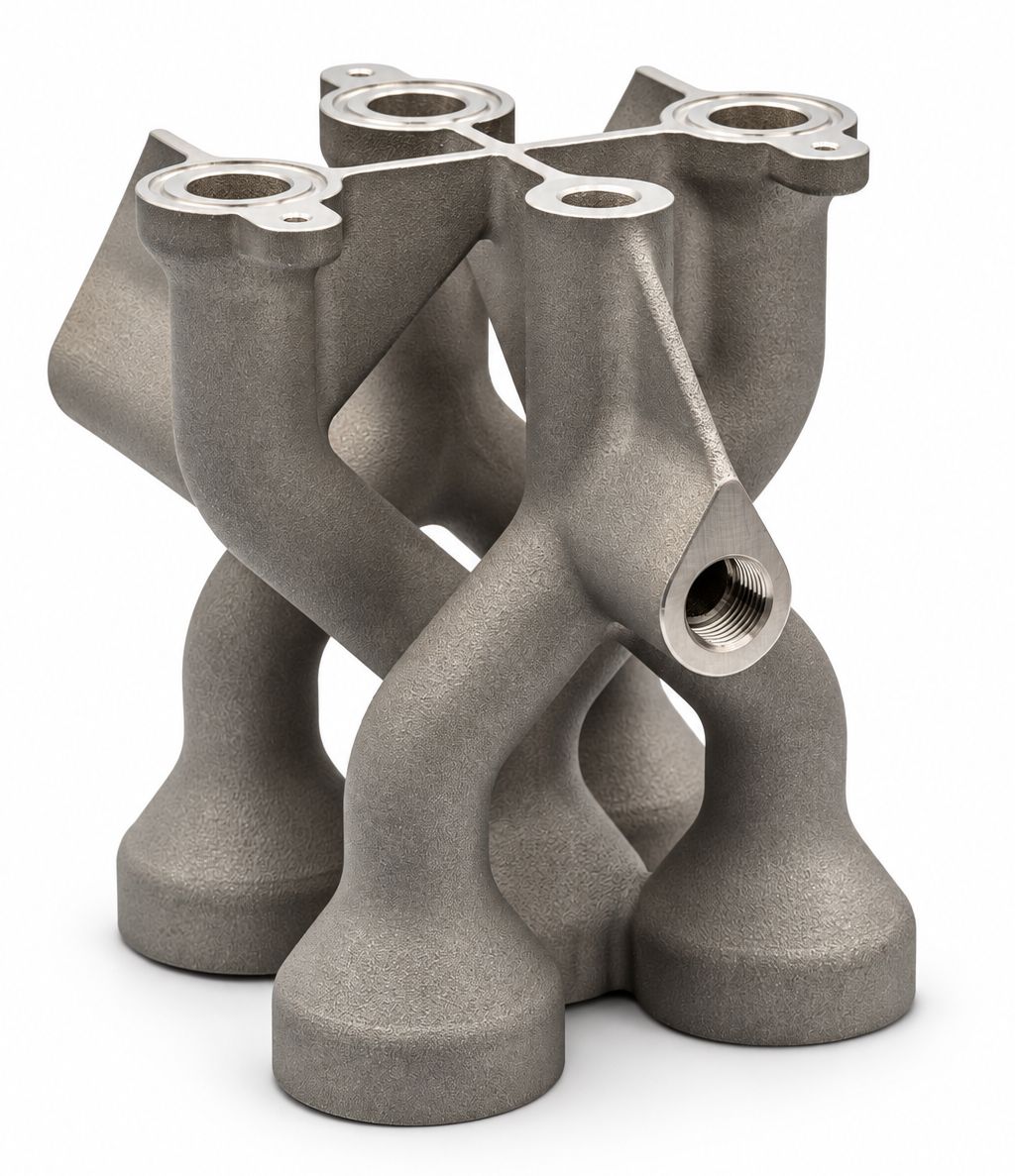 3D-printed manifold made of 316L stainless steel with branched channels, milled flanges, and a threaded connection for mechanical engineering